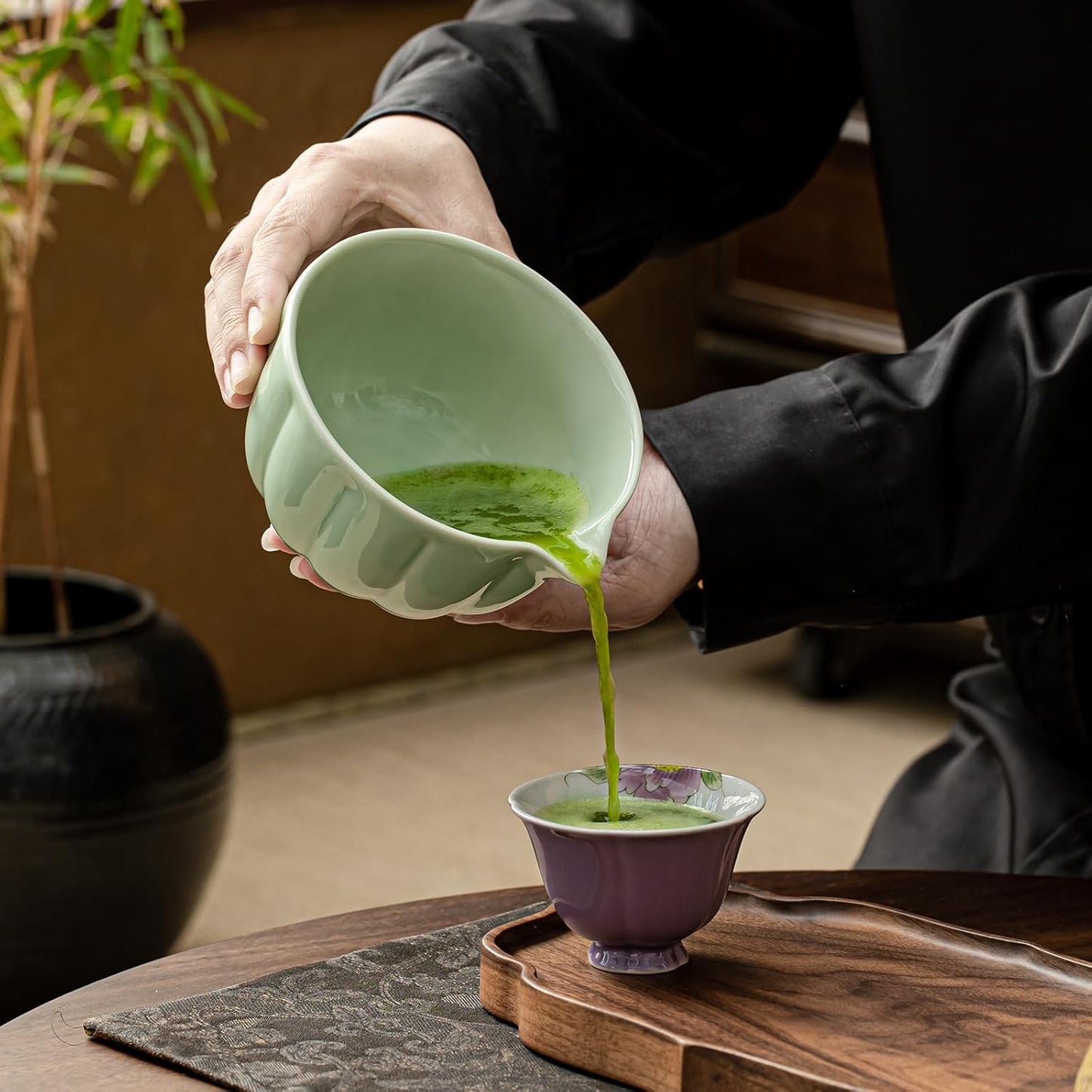 Matcha Whisk Set, Matcha Bowl with Spout, Matcha Whisk, Chasen Holder, Sifter, Bamboo Scoop - 5 Pcs Perfect Matcha Making Kit for Matcha Lover and Tea Ceremony (Emerald Green)