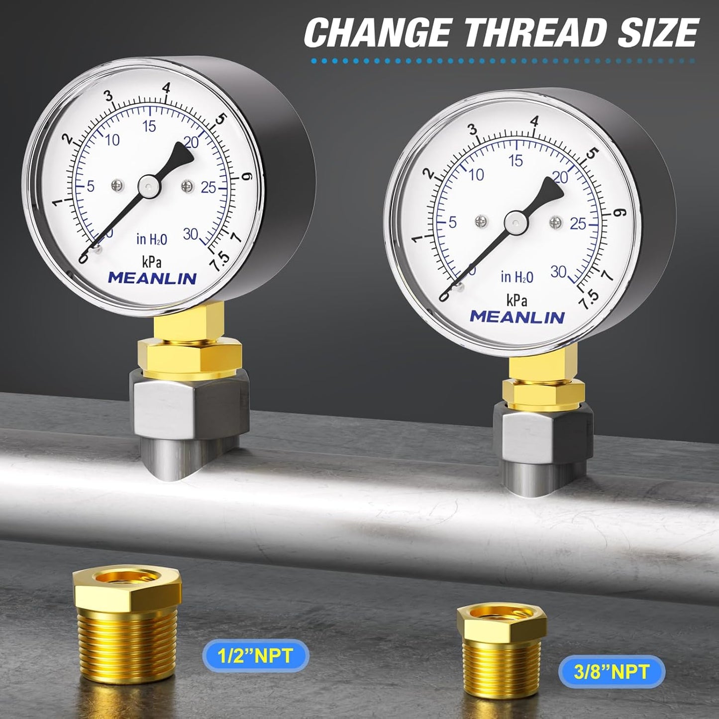 MEANLIN MEASURE 0-30 in H2O Diaphragm Type Capsule Low-Pressure Gauge, Water Column Gauge, 2.6" Dial, 1/4" NPT, Rear Adjustable Knob, with 1/2" NPT and 3/8" NPT Hex Bushing, Lower Mount