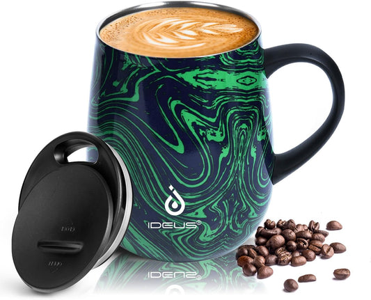 Ideus 16 oz (470 ml) Insulated Coffee Mug with Handle and Lid, Double Wall Stainless Steel Vacuum Thermal Coffee Mug, Travel Coffee Cup Thermal Cup for Home and Office (Green Zebra)