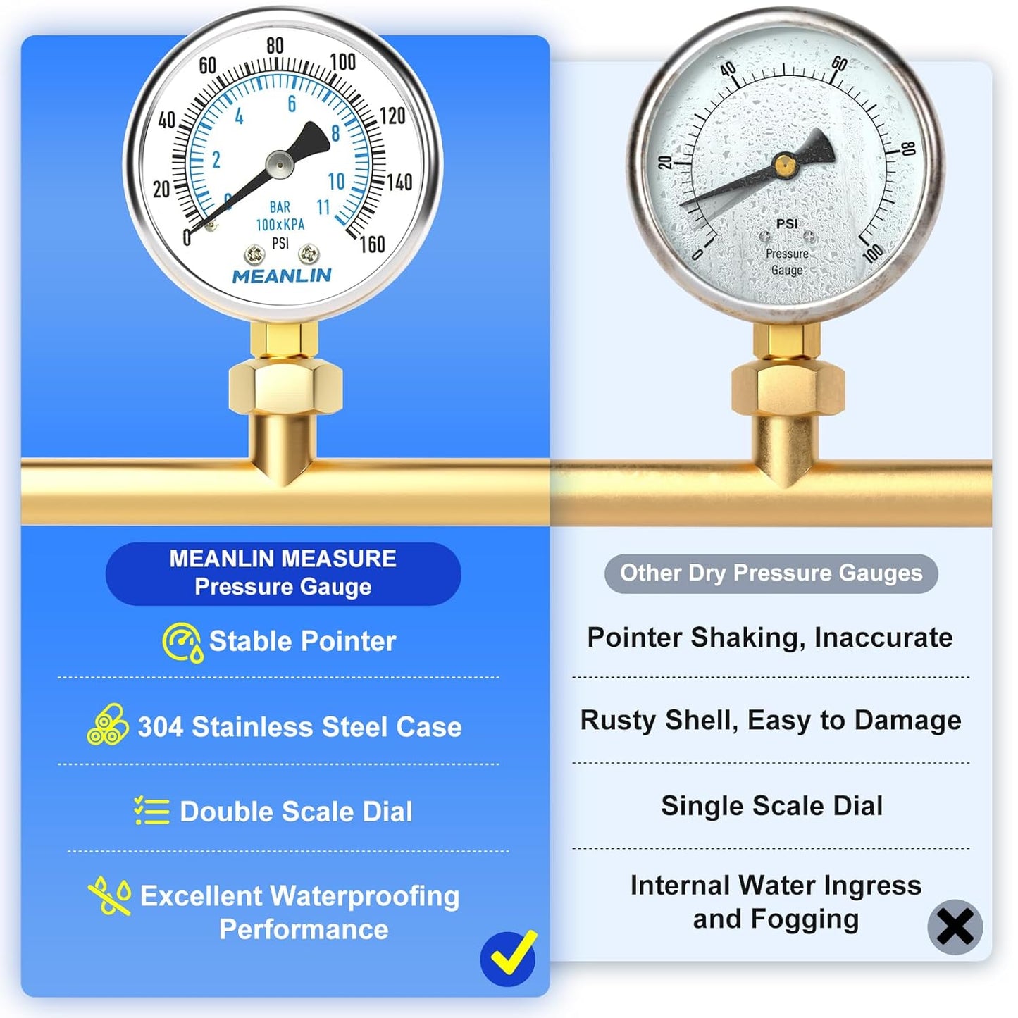 MEANLIN MEASURE 0~160Psi Dry Pressure Gauge Stainless Steel 1/4" NPT 2" FACE DIAL Waterproof for Air Compressor RV Regulator Water Pressure Tester Lower Mount, with 1/2" NPT and 3/8" NPT Hex Bushing