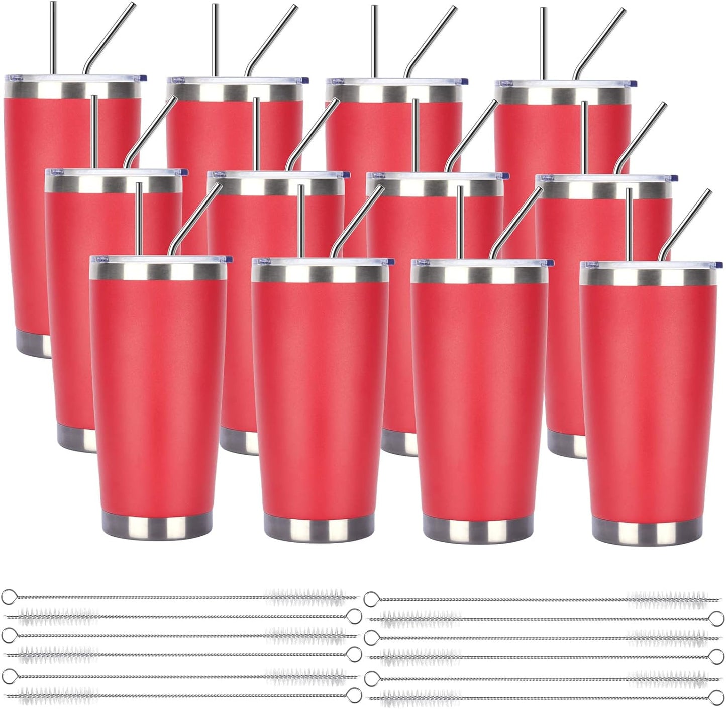 Pandance 20oz Stainless Steel Insulated Tumblers with Lid and Straw Bulk, Double Wall Vacuum Water Cups for Hot & Iced Coffee Drinks Travel Mug (Red, 12 pack)