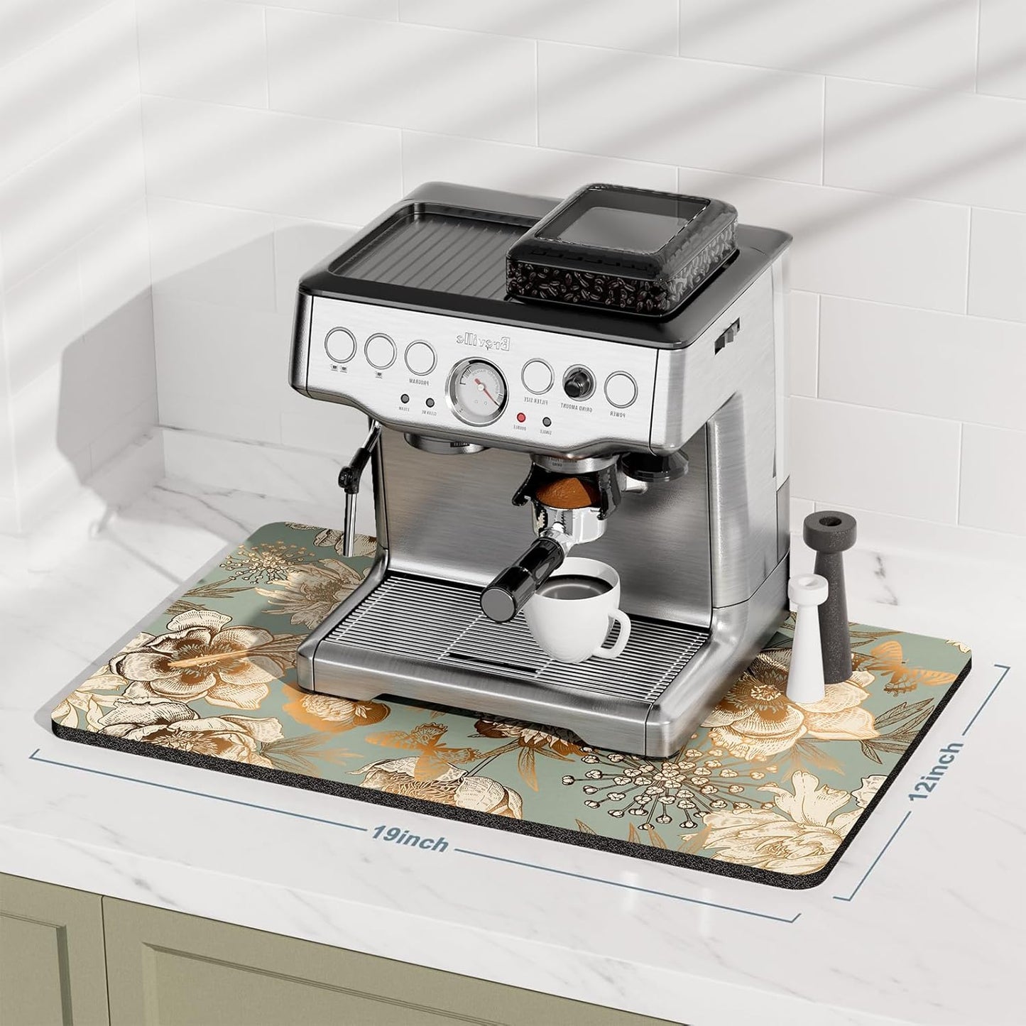 Rnivvi Coffee Mat, 12" x 19" Cute Coffee Bar Mats for Espresso Machine Station Accessories and Organizer, Hide Stain Rubber Backed Absorbent Dish Drying Pad for Kitchen Counter, Retro Flower