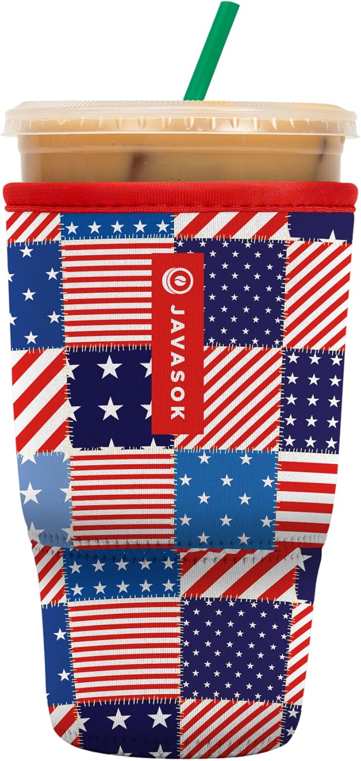 Sok It JavaSok Iced Coffee & Cold Soda Insulated Neoprene Cup Sleeve (Patriotic Patchwork, Large: 30-32oz)