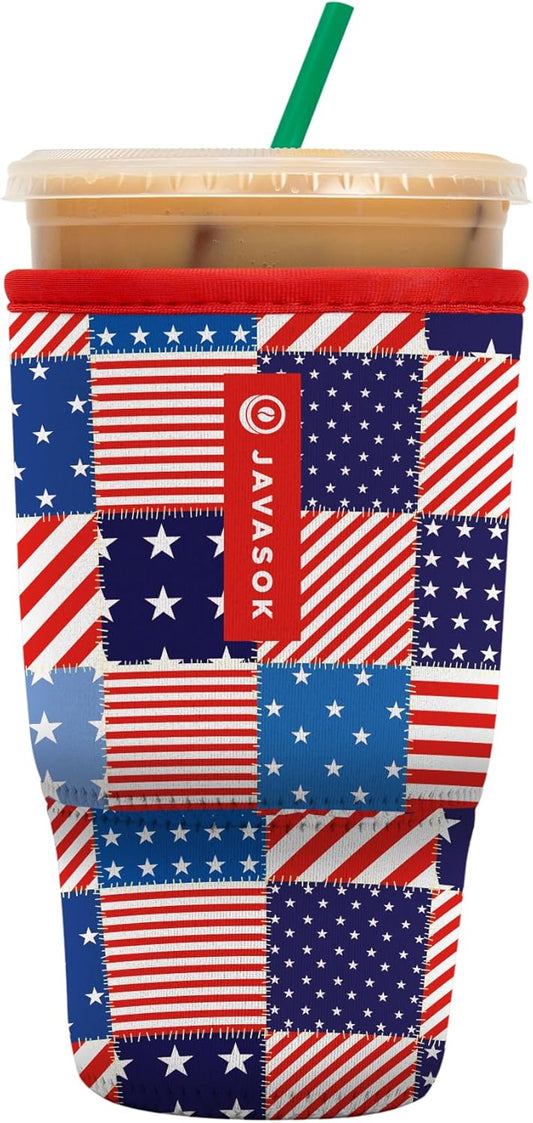 Sok It JavaSok Iced Coffee & Cold Soda Insulated Neoprene Cup Sleeve (Patriotic Patchwork, Large: 30-32oz)