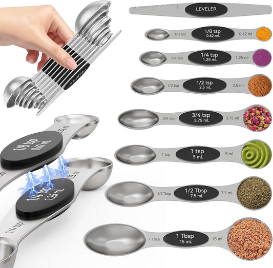 Magnetic Measuring Spoons Set of 8 | Heavy Duty 304 Stainless Steel, Triple Measurement Markings, Strong N52 Magnets, Easy to Clean, Space-Saving with Leveler Included (Black)