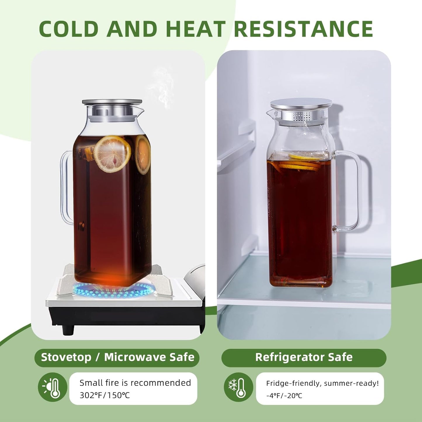 Glass Pitcher, 2 Pack 2L/68oz Glass Water Pitcher with Lid and Spout, Heat/Cold Resistant Borosilicate Glass Water Carafe for Coffee, Juice and Homemade Beverage (TG05)