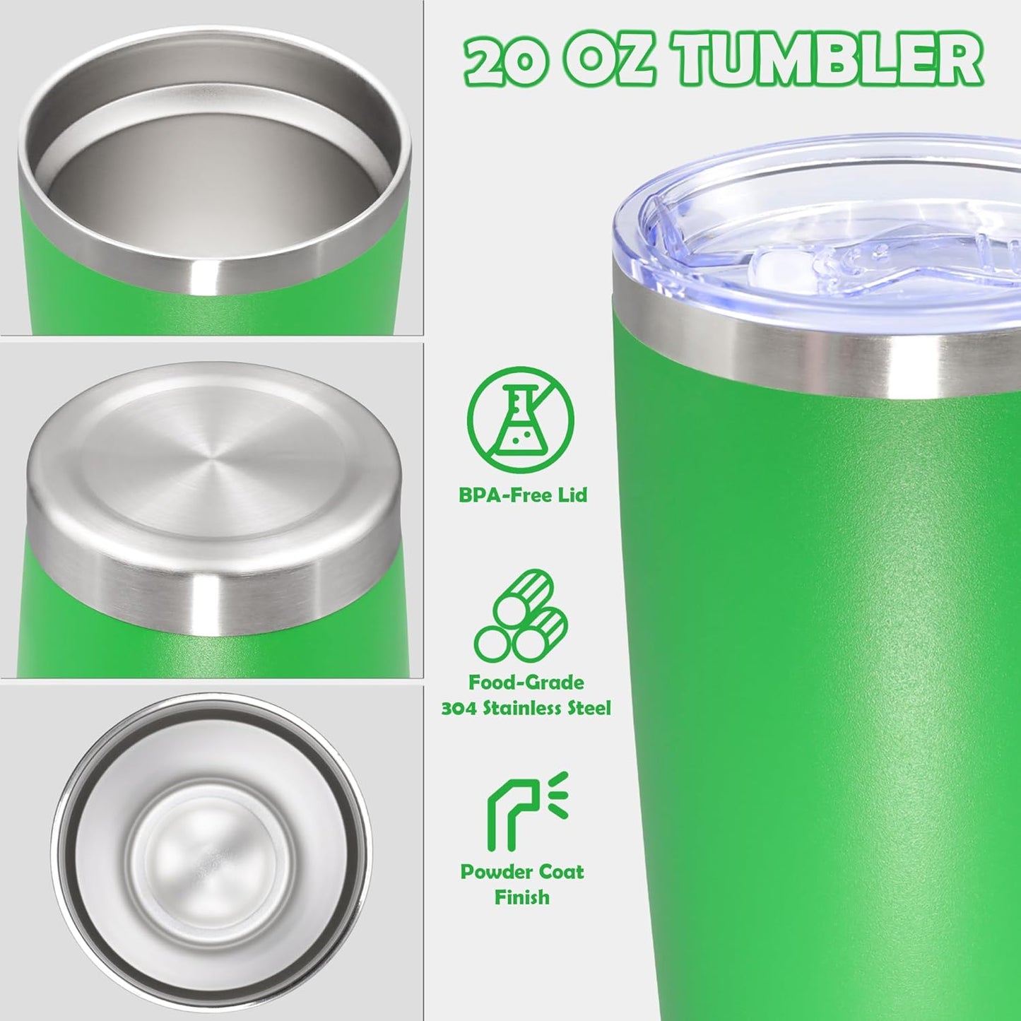 20oz Tumbler Bulk Stainless Steel Tumbler Cup with Lid Vacuum Insulated Double Wall Travel Mug, Durable Powder Coated Travel Coffee Tumbler Mug for Hot & Cold Drinks, Green,8 Pack