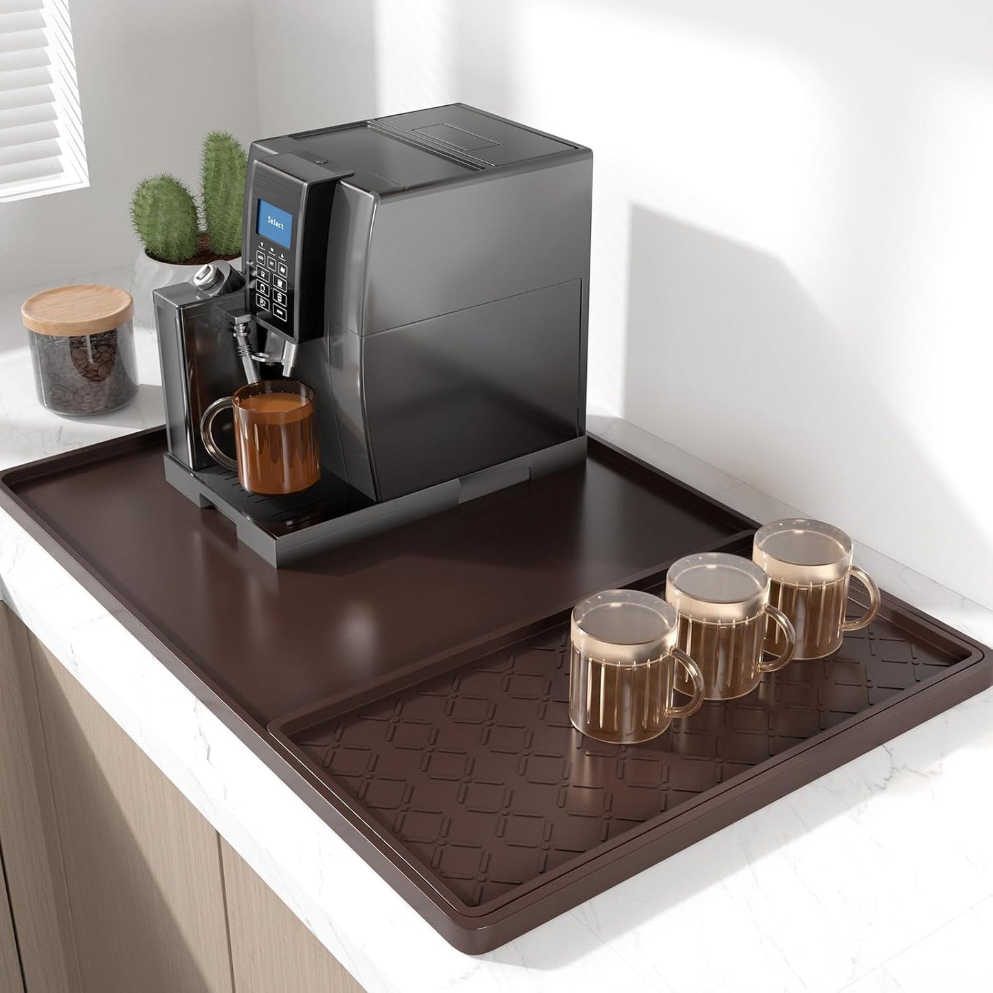 Rnivvi Silicone Coffee Mat, 16" x 24" Waterproof Raised Edge Coffee Bar Mats for Espresso Machine Station Accessories, Heat Resistant Detachable Dish Drying Pad for Kitchen Counter, Dish Rack, Brown