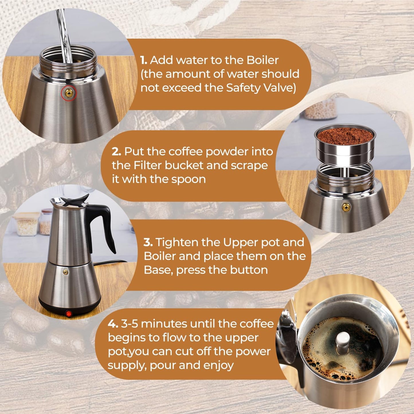 Electric Stainless Steel Moka Pot 6 Cup 300ml Mocha Pot Espresso Maker with Detachable Base Ideal Coffee Maker for Home Italian and Cuban Café Coffee maker Espresso maker Coffee Pot