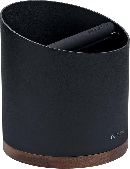 Normcore Espresso Knock Box, 1L Capacity Holds 20-25 Espresso Pucks, Stainless Steel with Walnut Non-Slip Base, Knock Bin For Home Baristas, Black