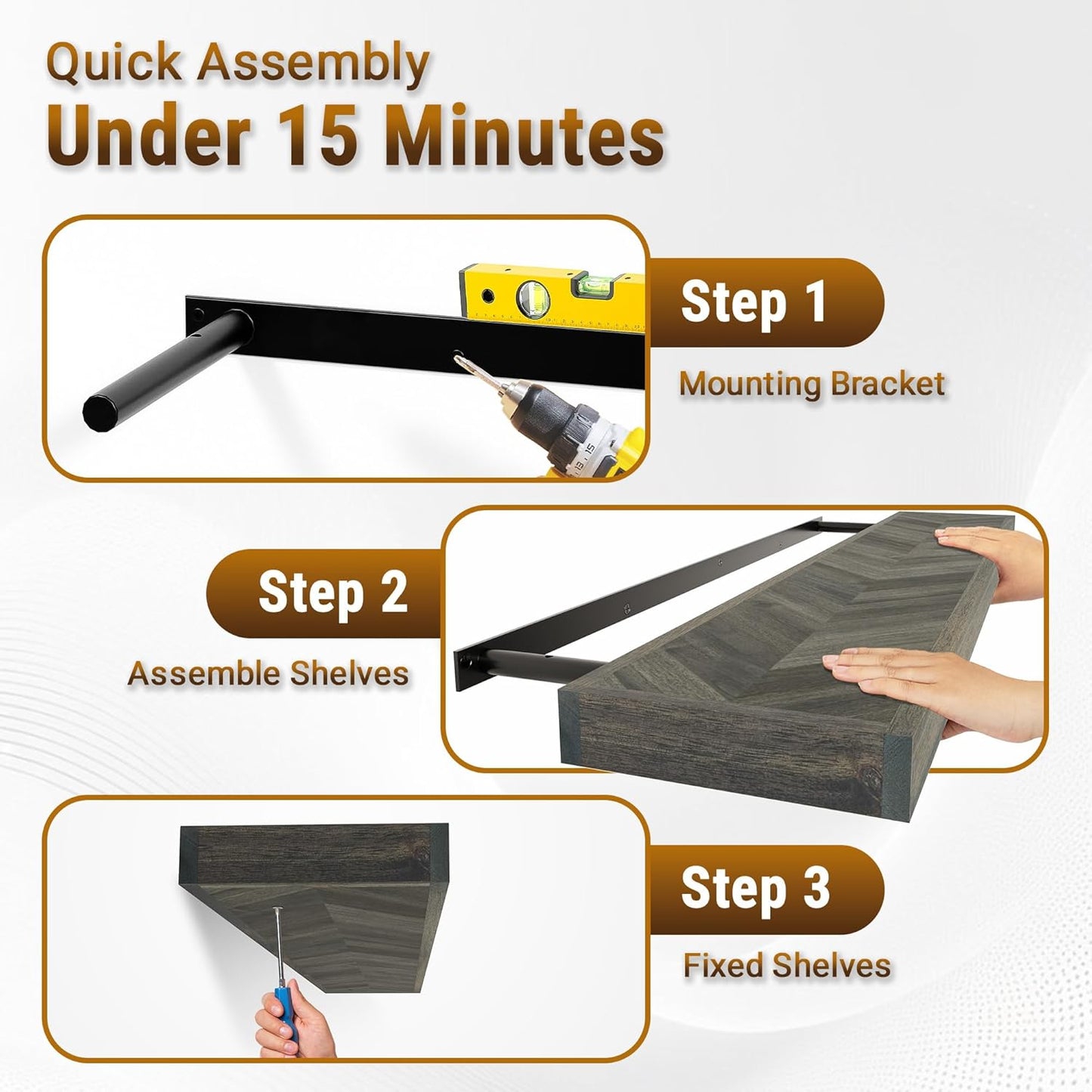 24" Acacia Chevron Floating Shelves Set of 2 - Wall Mounted Wooden Shelf for Stylish Home Décor - Mocha Color - 24x6.7x1.5 Inches