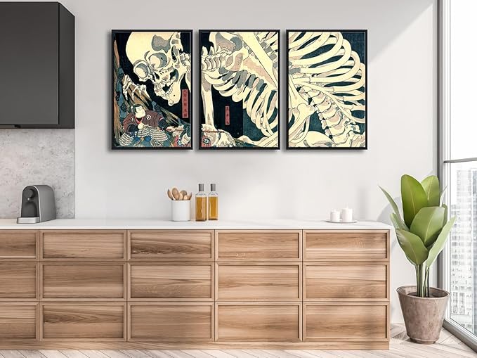 Wieco Art Black Framed 3 Piece Witch and Skeleton Ukiyo-E by Utagawa Takiyasha - Image 3