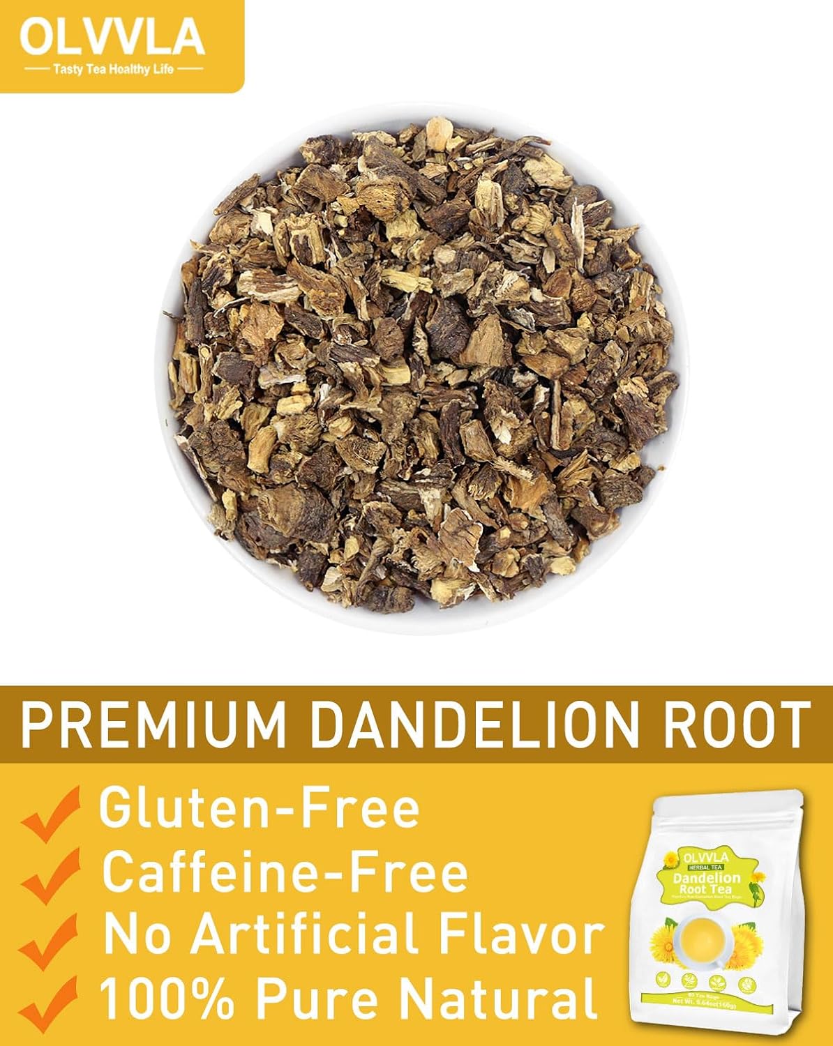 Olvvla - Dandelion Root Tea Bags - 2g X 80 Count - Premium Raw Dandelion Root - Caffeine-free - Non-GMO - Support Digestion & Cleanse