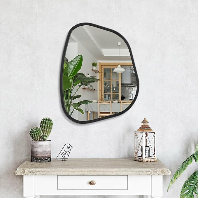 Black Asymmetrical Wall Mirror Large 20"x16" Irregular Oval Mirror Modern Wood - Image 4