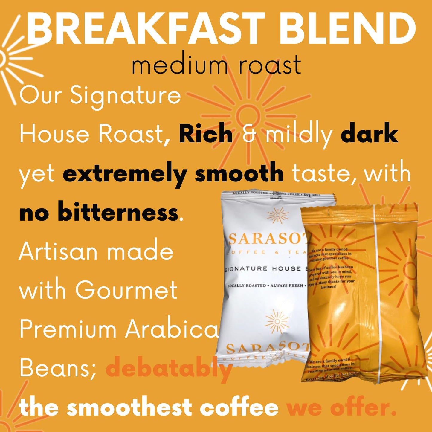 Sarasota Coffee Ground Packets | Gourmet Medium Roast Bulk Coffee Packs | Breakfast Blend | Low Acid Mold Free Singles Individual Pouches for 12 Cup Coffee Maker | 1.5 Ounce Bags, 42 Count