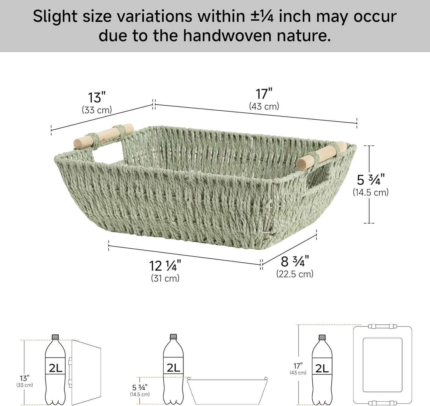 StorageWorks Extra Large Wicker Storage Basket for Organizing with Wooden Handles, Toilet Paper Baskets for Bathroom, Bosana Green, 2-Pack