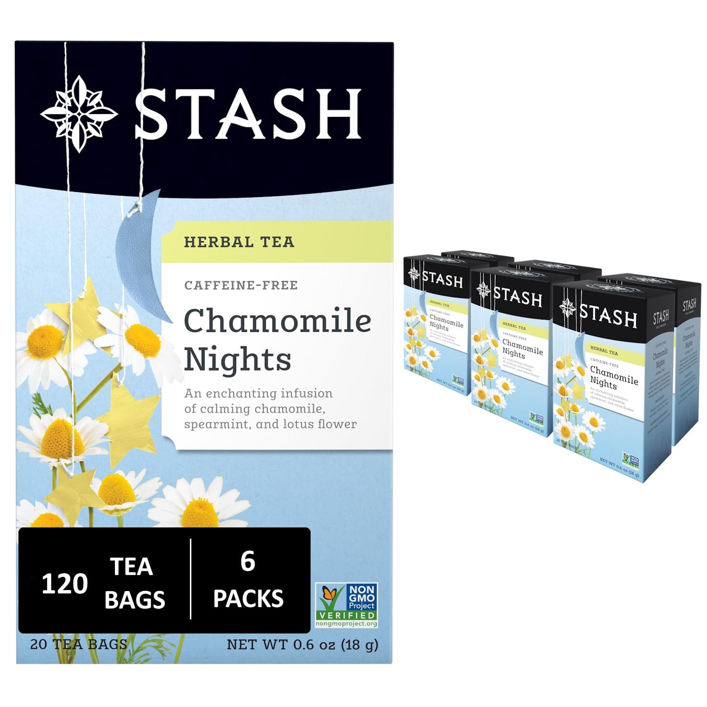 Stash Tea Chamomile Nights Herbal Tea - Naturally Caffeine Free, Non-GMO Project Verified Premium Tea with No Artificial Ingredients, 20 Count (Pack of 6) - 120 Bags Total