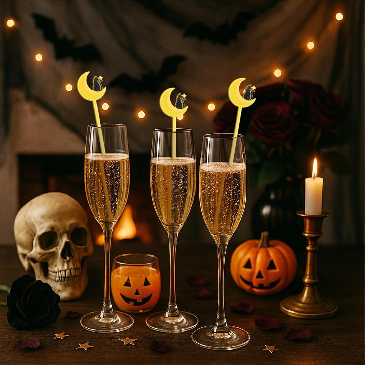 30 Pcs Halloween Swizzle Sticks Plastic Coffee and Cocktail Stirrers Fall Thanksgiving Drink Stirrers Cocktail Mixers for Halloween Fall Autumn Party Tea Coffee Bar Decoration(Moon and Cat)