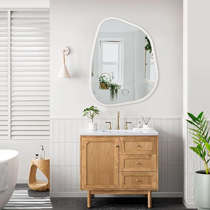 Asymmetrical Mirror Small 26"x18" Irregular Wall Mirror Modern Wood Frame - Image 6