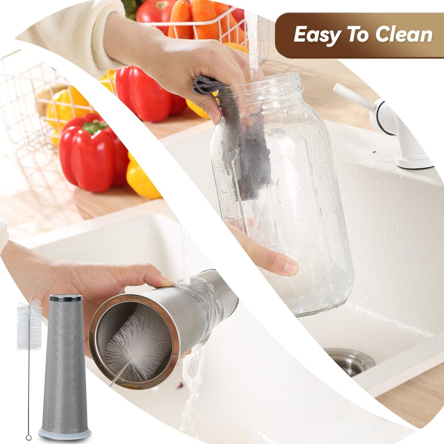 Cold Brew Coffee Maker Pitcher 64-ounce Glass Wide Mouth Mason Jar with Stainless Steel Filter and Pour Spout Handle Lid (Grey, 64Ounce)