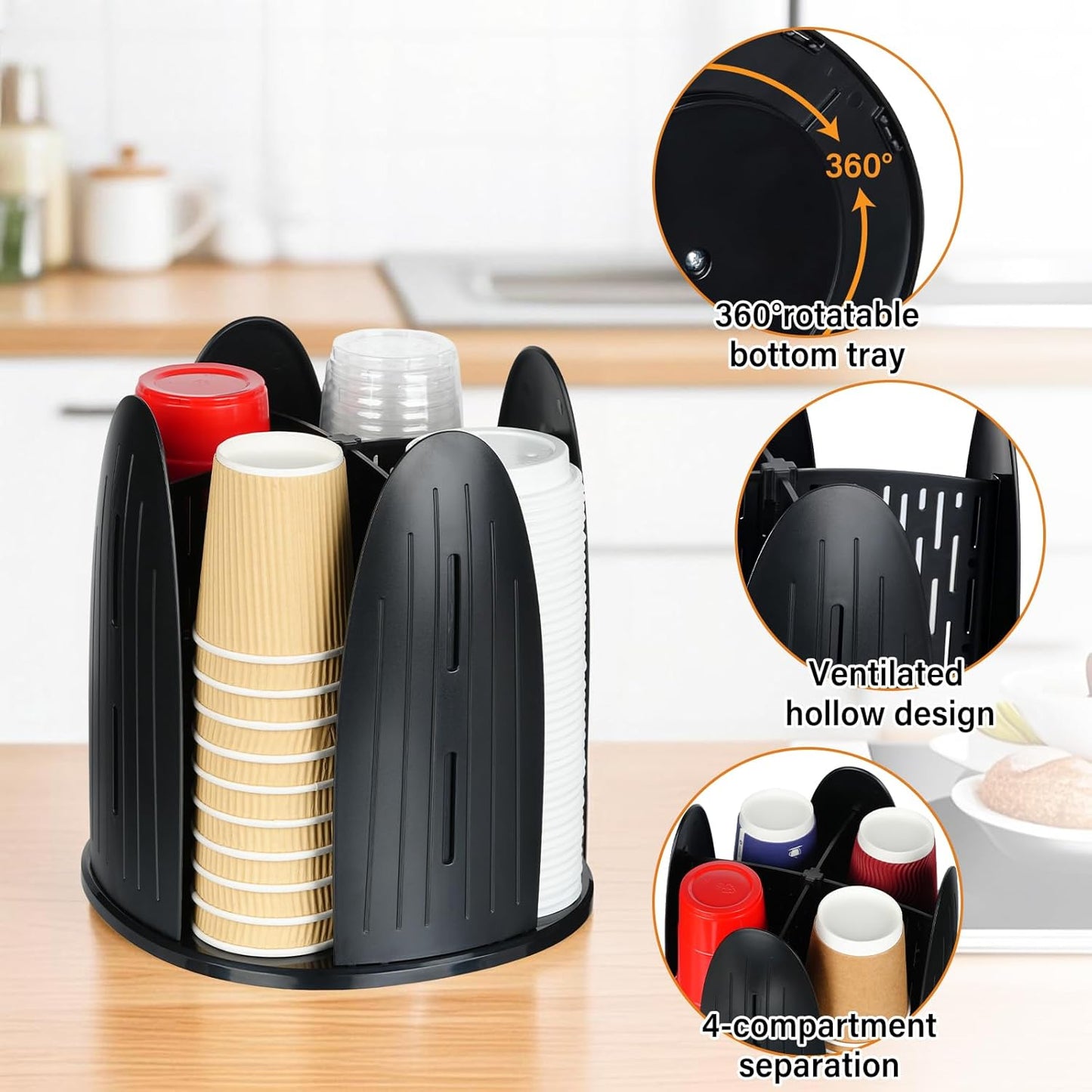 Cup and Lid Organizer ,Paper Cup Dispenser Disposable Coffee Cup Dispenser Removable Cup Holder for Bathroom,Countertops, Kitchen , Office ,Coffee Station, Bar Buffet,4 Compartment Rotating