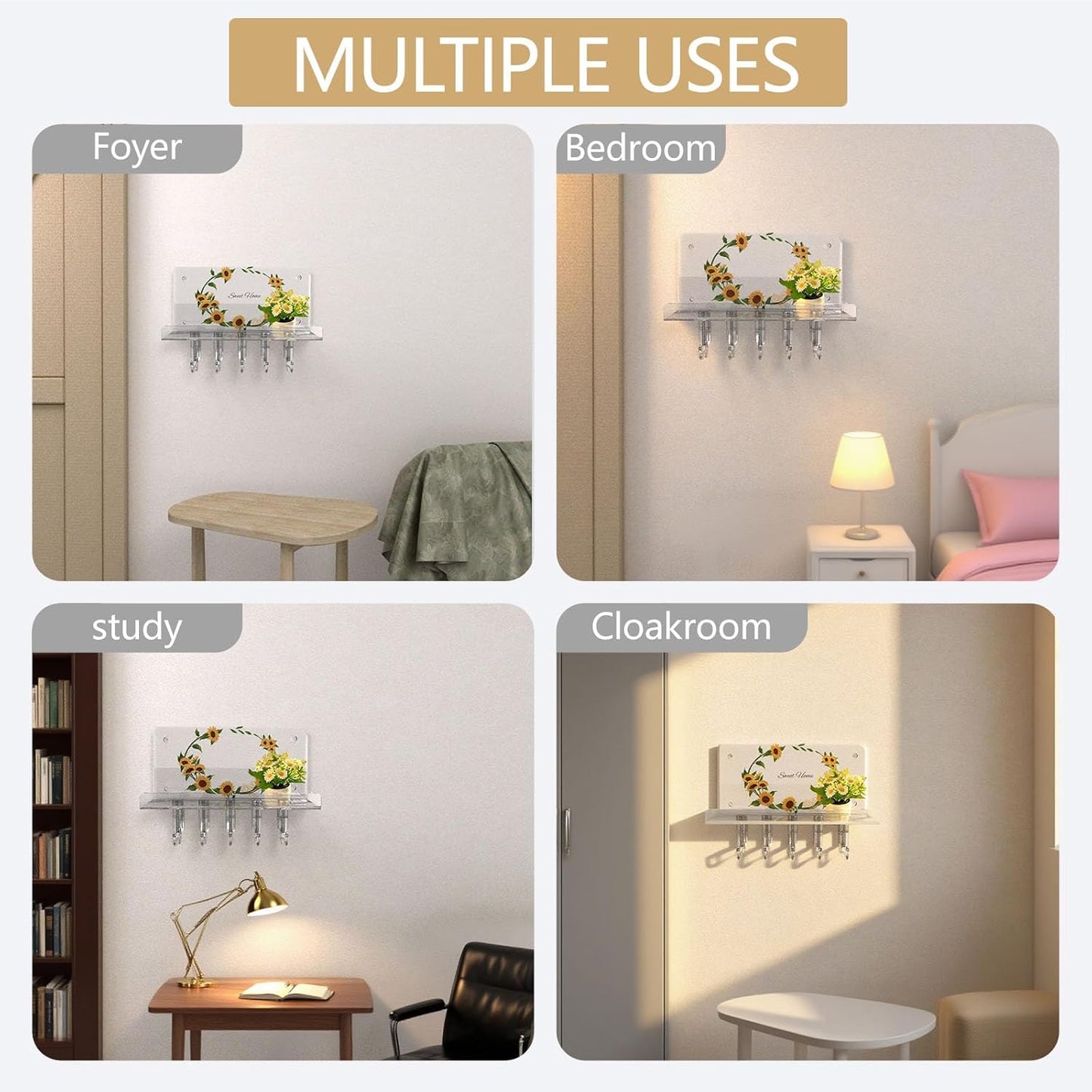 Sunflower Key Holder Wall Mount, Transparent Acrylic Wall Mail Key Organizer Shelf with 5 Hooks Tray for Keys, Mail, Bags Home Decor Key Rack Hanger, Easy Install