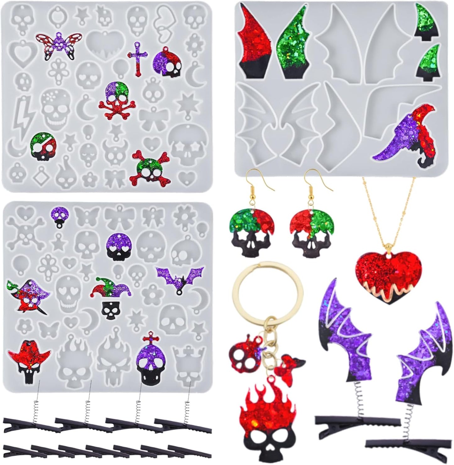 Halloween Resin Earrings Mold 3pcs Resin Jewelry Molds, Various Skull Silicone Molds Wing Hair Clips Mould, DIY Epoxy Ornaments Earring Pendants Necklaces Keychain Making Kit Holiday Gifts
