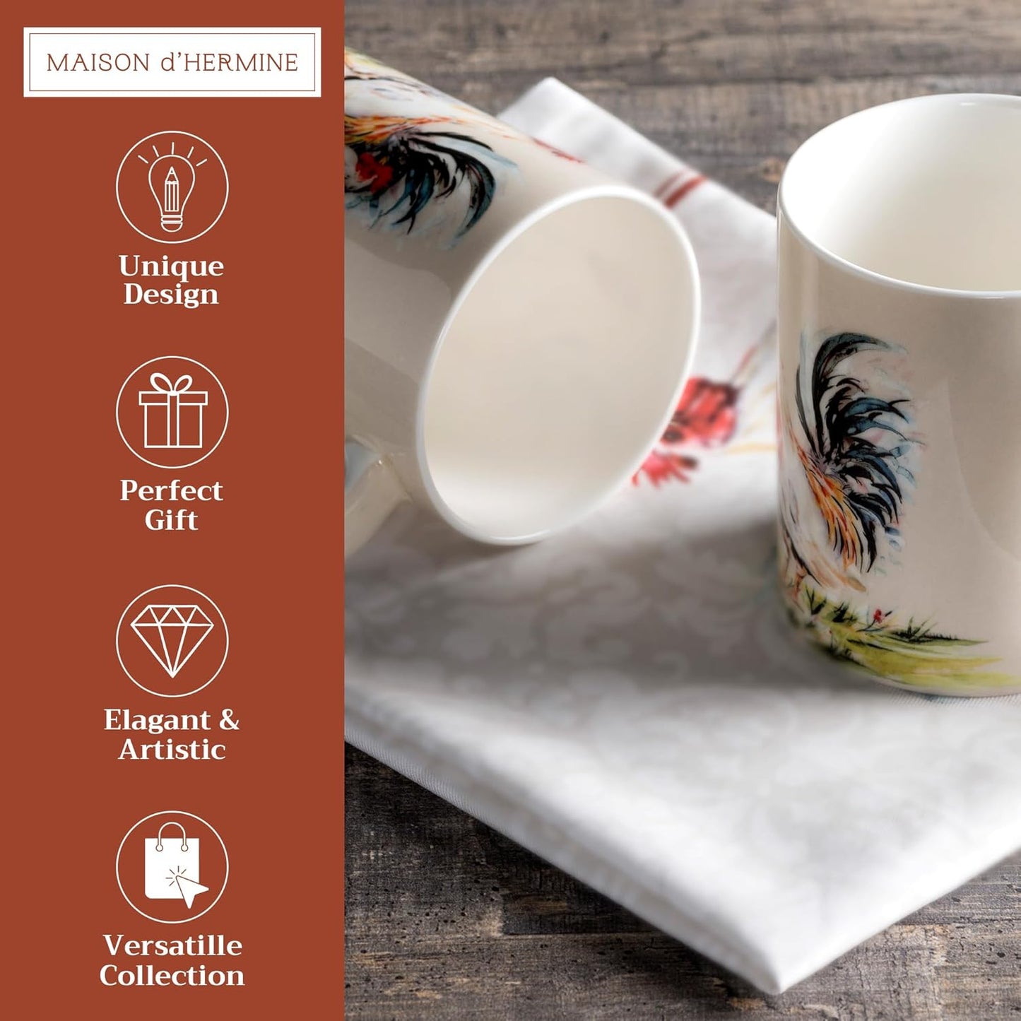 Maison d' Hermine Coffee Mug with Handles Fine Bone China Mugs Pack of Two Tea Cups for Hot Beverages Cappuccino Latte Home Restaurant Office Perfect for Gift (Campagne, 15 Ounce)