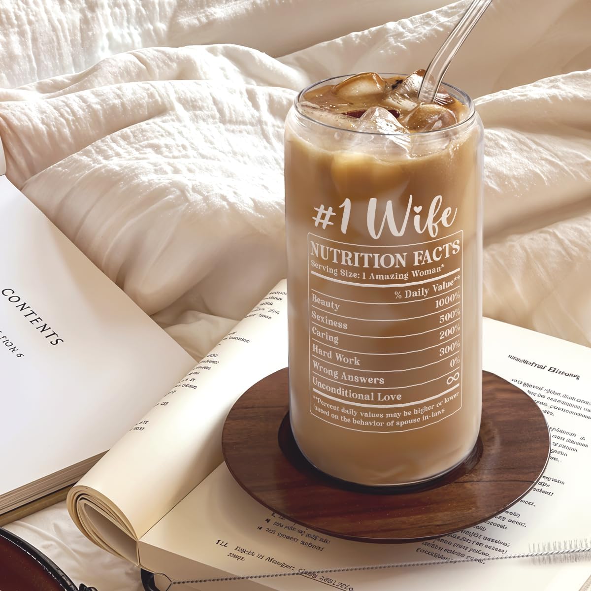 SANDJEST Wife Glass Can, Wifey Cup with Lid & Straw, Iced Coffee Aesthetic Cups, Idea Gift for Christmas Marriage Birthday Anniversary Valentine, Gifts for Women, 16oz