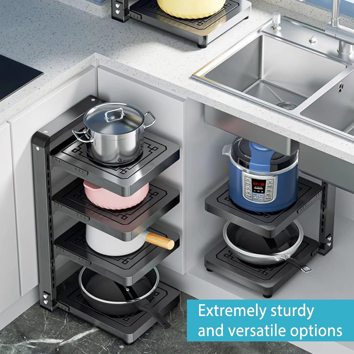 Pot and Pan Organizer Rack for under Cabinet, Heavy Duty Pot Pan Rack under Sink Organizers and Storage, Pot lid organizer, Kitchen Cabinet Organizer with 4 Adjustable Tiers