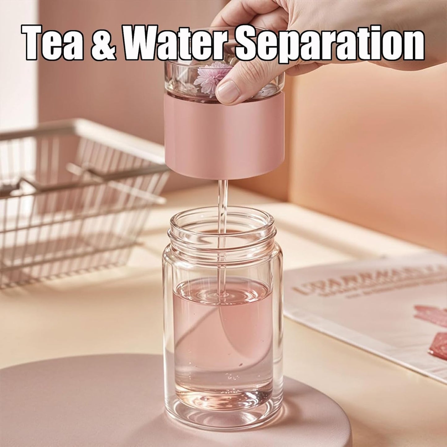 Tryteava Glass Infuser, Tryteava 3-in-1 Smart Tea Infuser, Portable Glass Double Wall Tea Infusers Bottle, with Stainless Steel Filter, Hot & Cold Brew, For Loose Leaf, Office Home (Gold, 350ml)