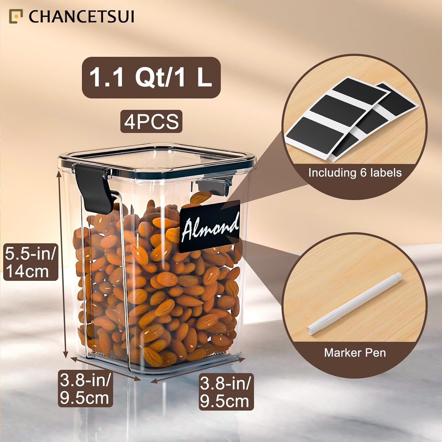 CHANCETSUI Small Airtight Food Storage Containers with Lids: Kitchen Pantry Organization for Dry Baking Ingredients BPA Free Clear Plastic 4-Piece Canister Set, 1.1 qt /1 L