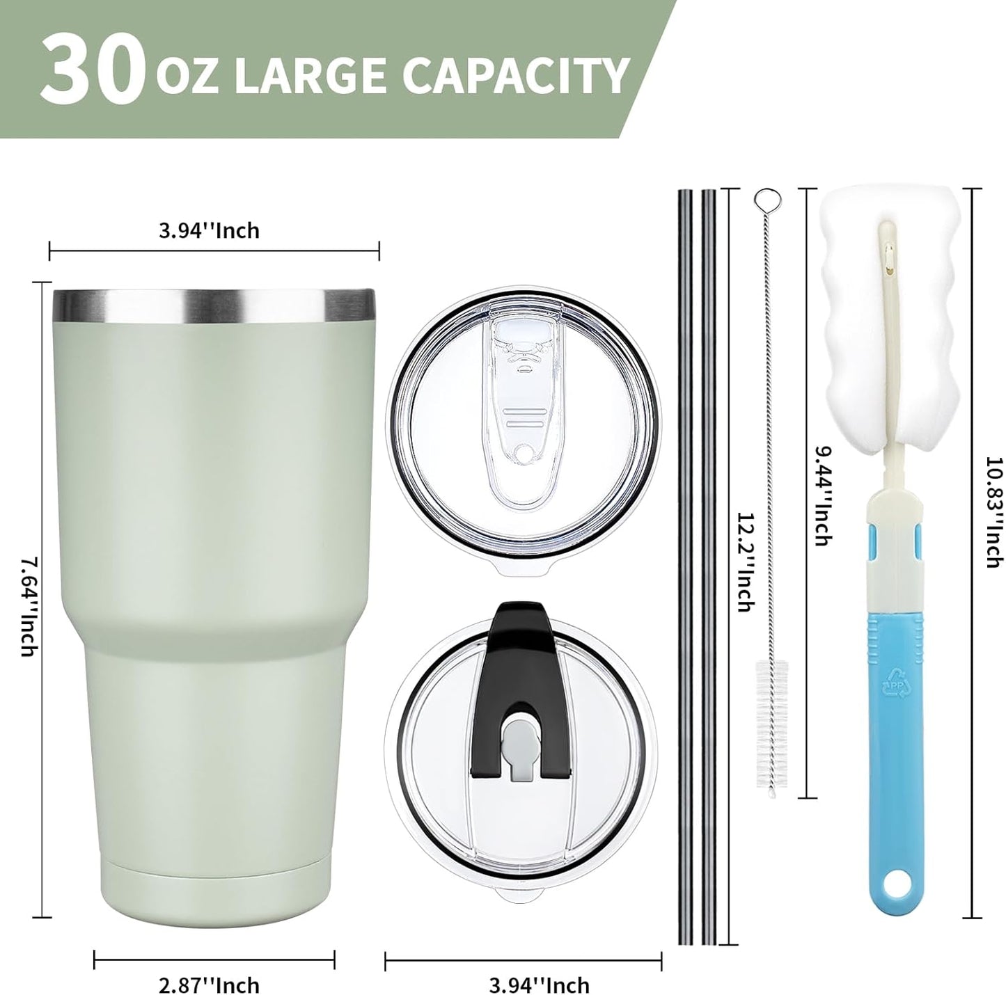 30 oz Tumbler with Lids and Straws, Stainless Steel Insulated Coffee Tumbler, Double Wall Vacuum Insulated Travel Mug Cup, Leakproof Thermal Coffee Cup for Hot and Cold Drinks (Green Tea)