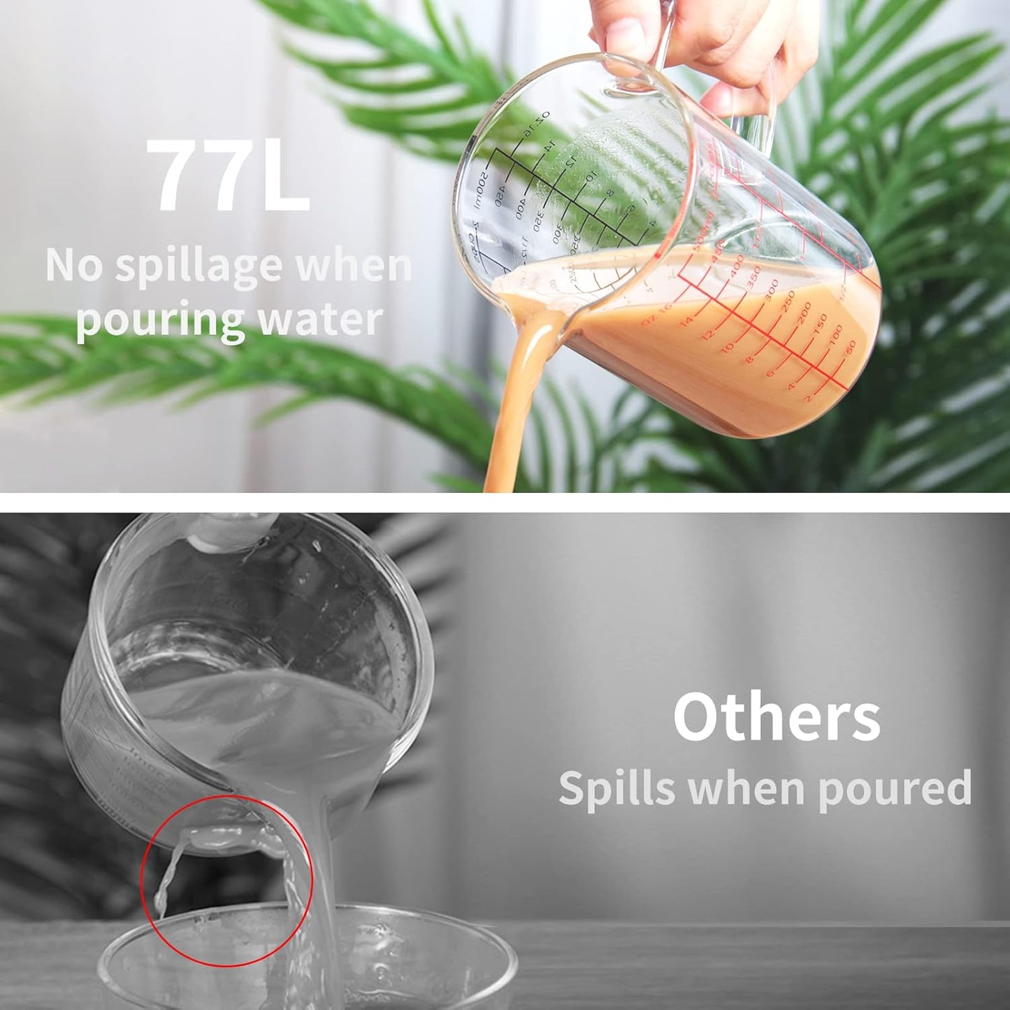 77L Glass Measuring Cup, [Double-Sided Measuring Scale, Insulated handle, V-Shaped Spout], High Borosilicate Glass Measuring Cup for Kitchen or Restaurant, Easy To Read, 500 ML (0.5 Liter, 2 Cup)