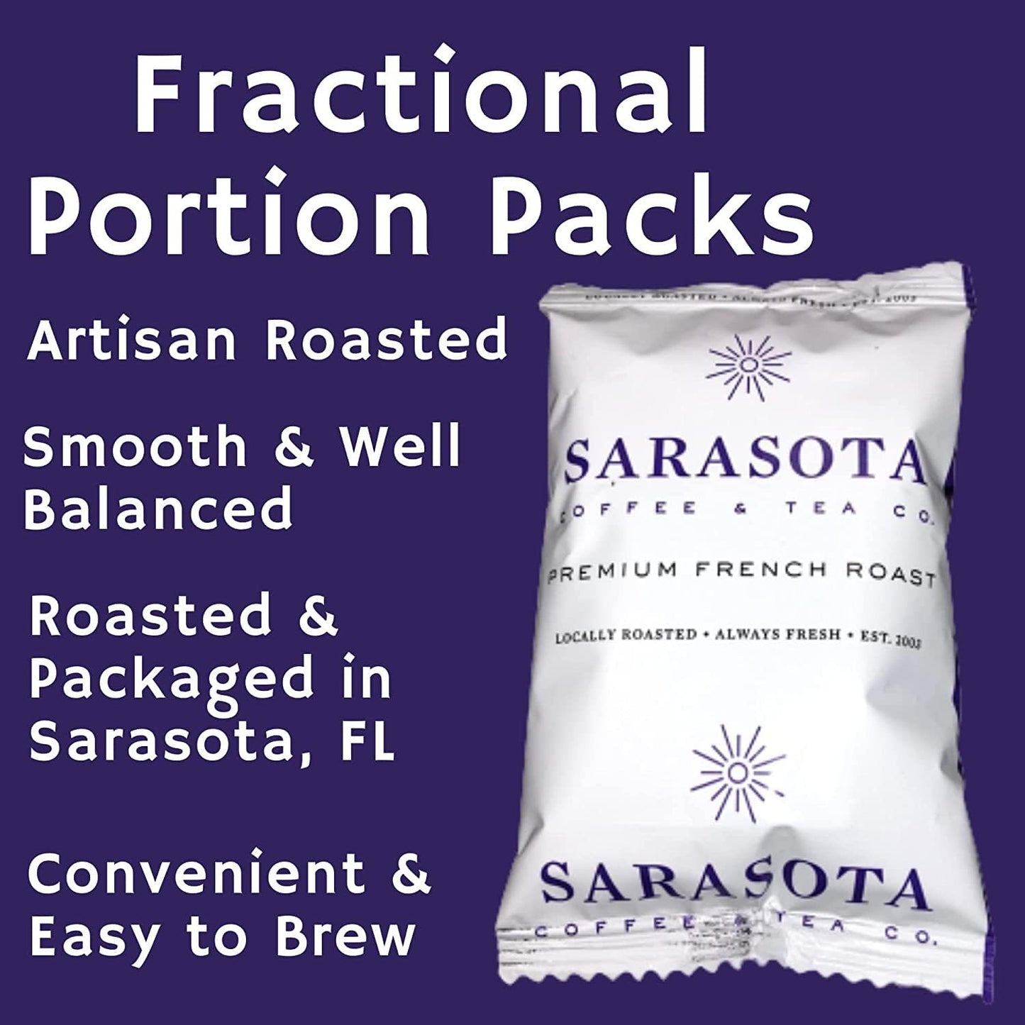 Sarasota Coffee Ground Packets | Low Acid Dark Roast Ground Coffee Packs | European French Roast | Mold Free Singles | Ground Pouches | Individual Packets for 12 Cup Coffee Maker | 1.5 Ounce Bags, 42 Count