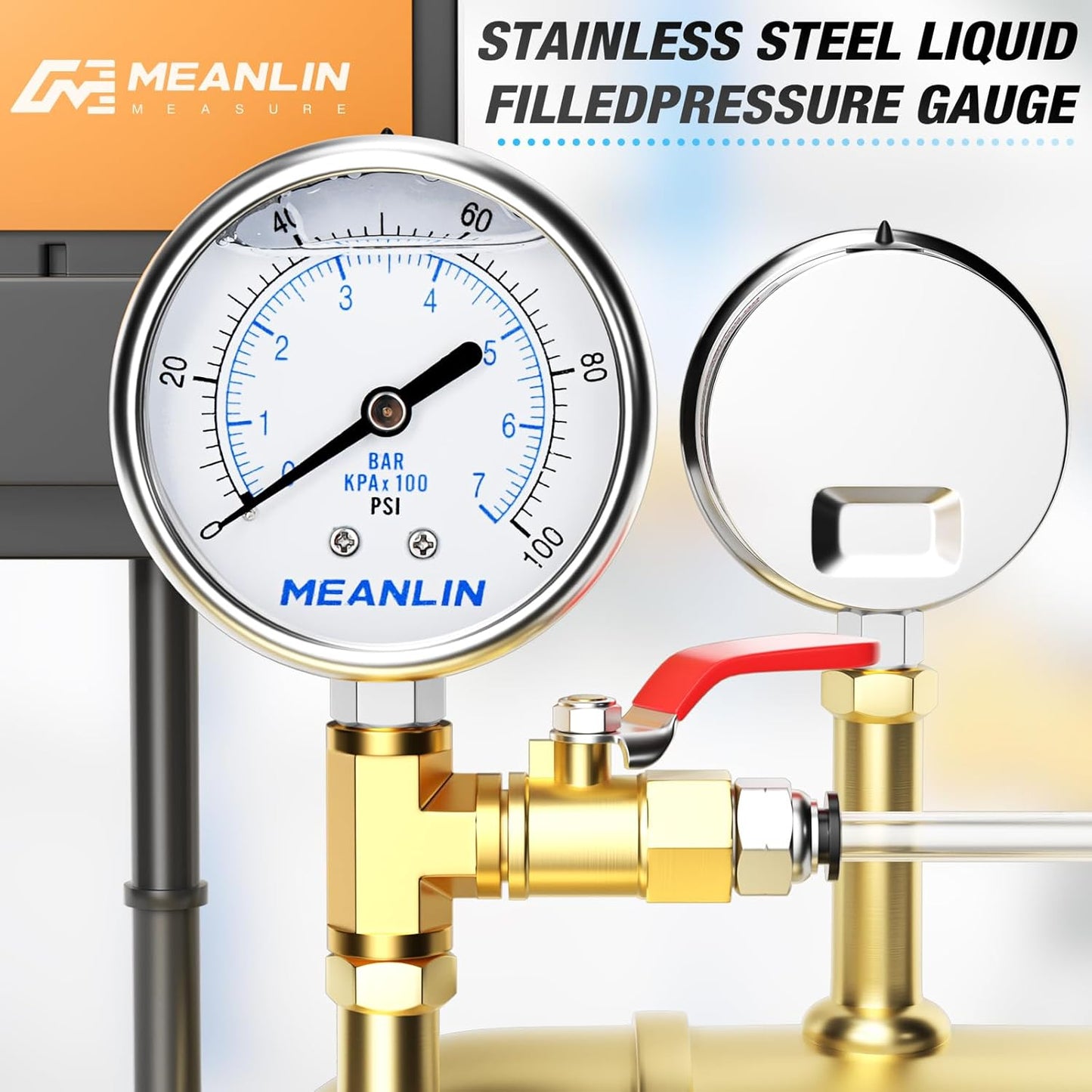 MEANLIN MEASURE 0~100Psi Liquid Filled Pressure Gauge Stainless Steel with 316 Stainless Steel Joint 1/4" NPT 2.5" FACE DIAL for Well Pump Tire Water Pressure Tester Lower Mount