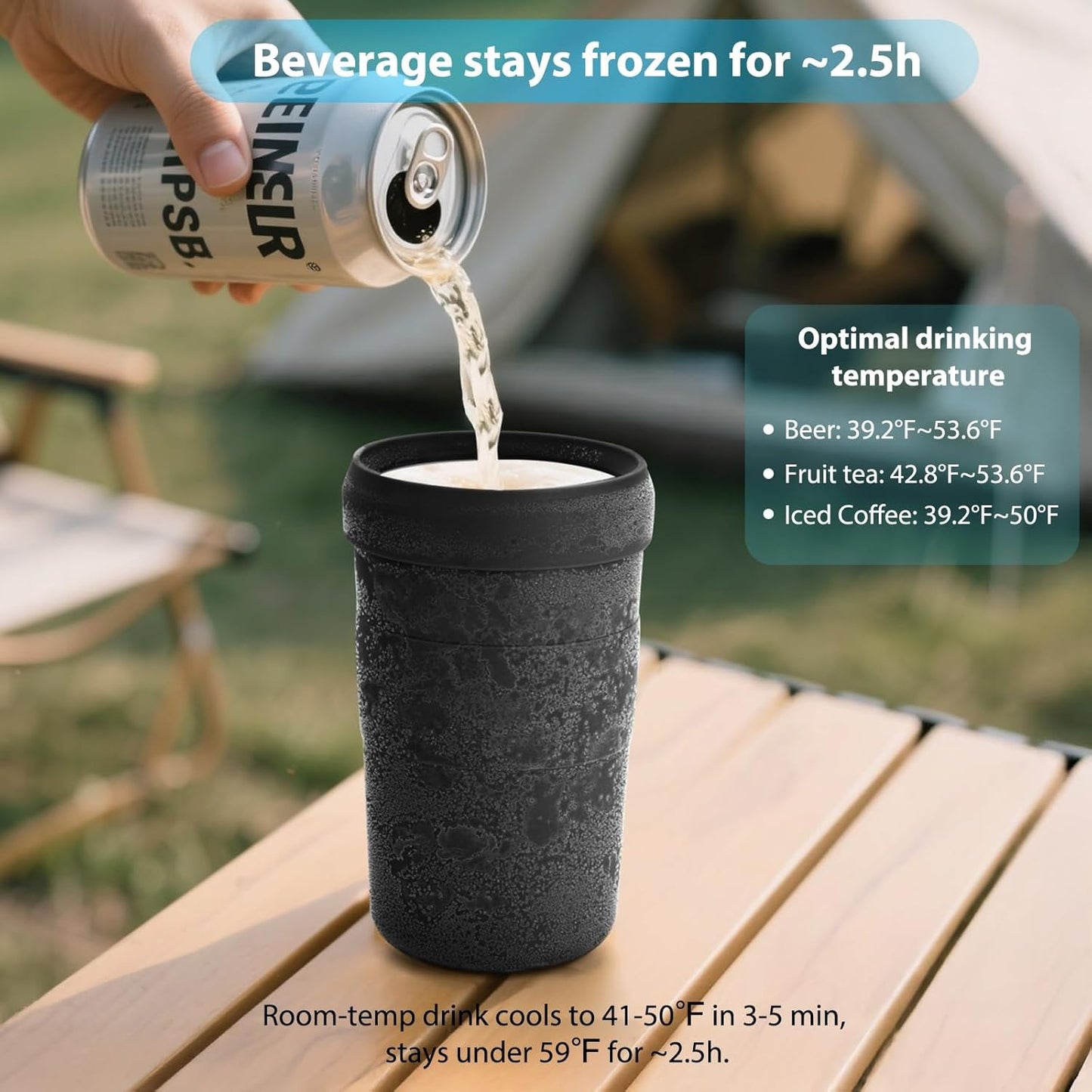 Iced Coffee Tumbler, 45℉ Insulated Beer Mug for Freezer, (Ice-Free) Double-walled Freezable Slushie Cup with Stainless Steel Liner, Travel Coffee Mug Reusable, with Lid and Straw, 16oz (1, Black)