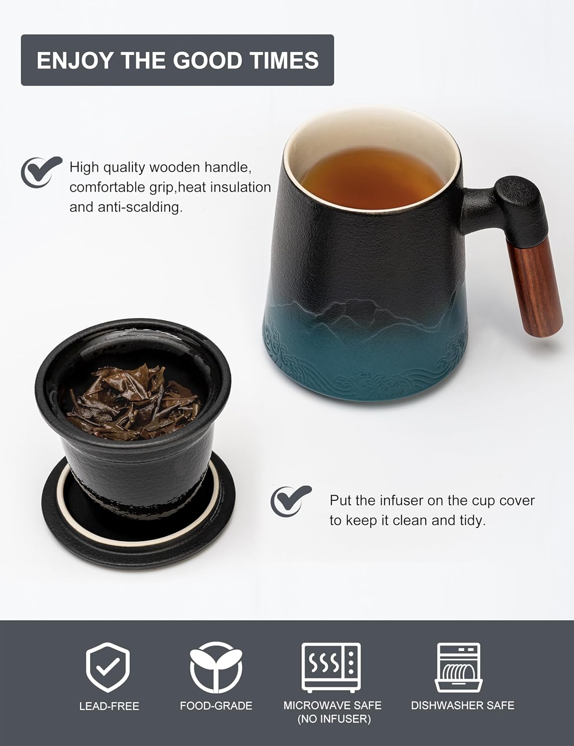 suyika Tea Cup with Infuser and Lid, 15.2 Ounce Wood Handle Ceramic Loose Leaf Mug Gradient Black&Green 450ml