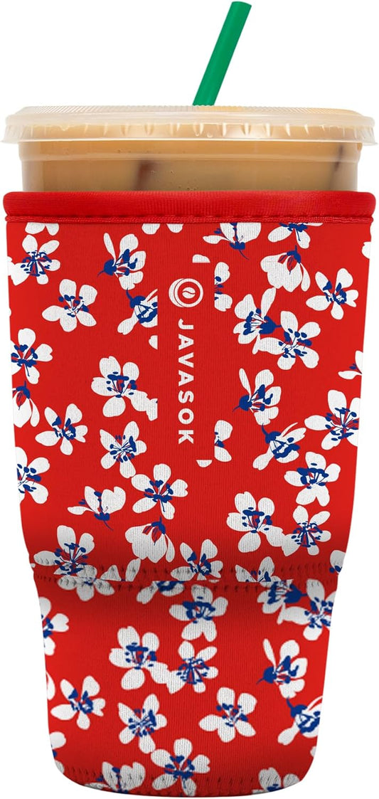 Sok It JavaSok Iced Coffee & Cold Soda Insulated Neoprene Cup Sleeve (Red White and Bloom, Large: 30-32oz)