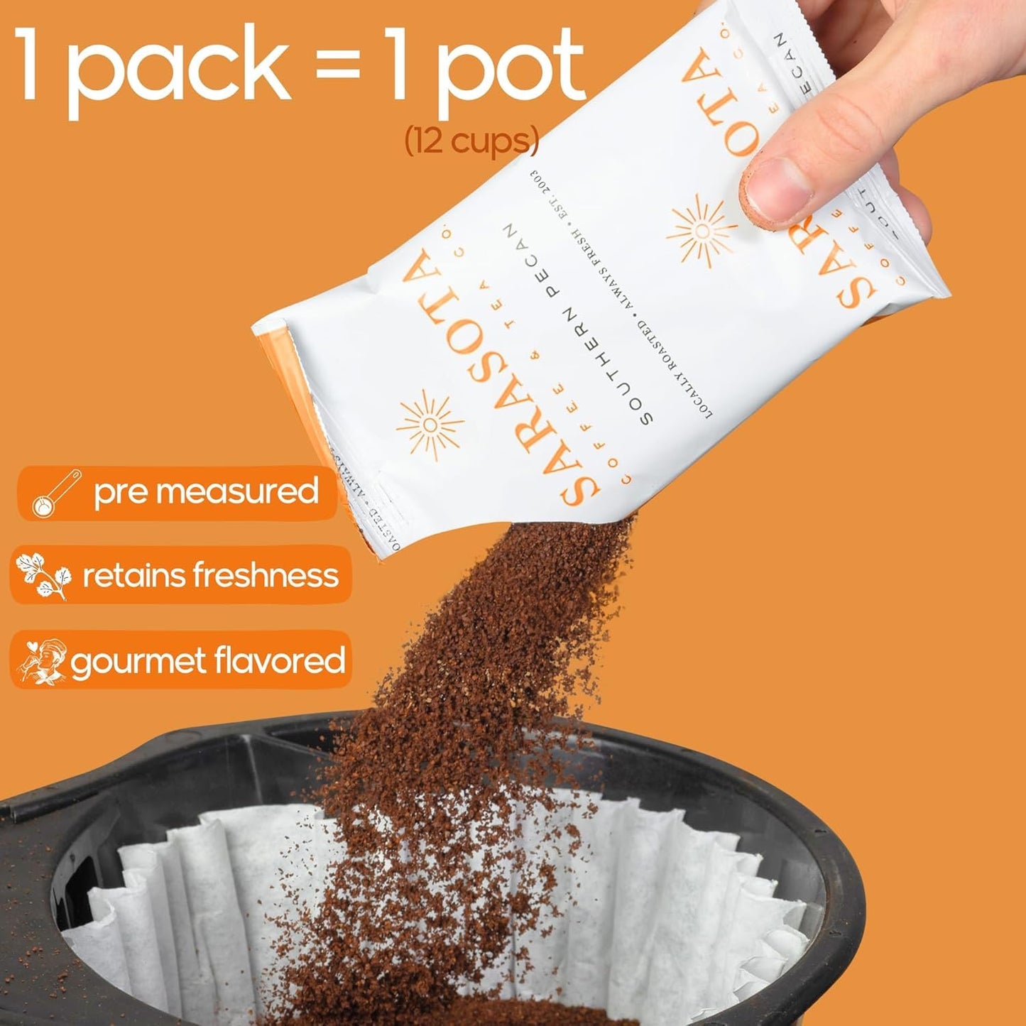 Sarasota Coffee Packs Bulk Ground Packets | Southern Pecan Flavored | Gourmet Assorted Gift Set Sampler | Low Acid Mold Free Individual Pouches for 12 Cup Coffee Maker | 1.75 Oz Bags, 100 Count