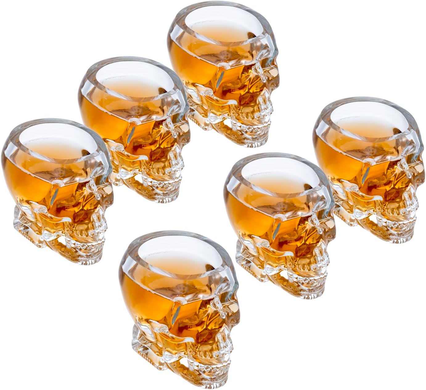 MyGift Set of 6 Skull Shot Glasses – 2.8 oz Clear Glass Novelty Drinkware for Halloween Parties, Cocktail Bars & Home Decor – Spooky 3D Skull Design