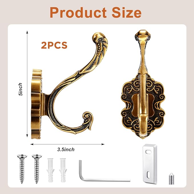 Zonon 2 Pcs Antique Gold Wall Hooks Set Vintage Coat & Towel Hooks - Image 2