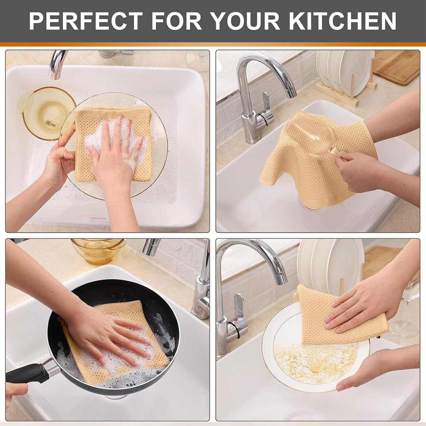 Kitinjoy 100% Cotton Kitchen Dish Cloths (12 X 12 Inches, Apricot),6 Pack Waffle Weave Ultra Soft Absorbent Dish Towels for Drying Dishes Quick Drying Kitchen Towels Dish Rags