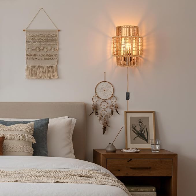 Plug-in Boho Wall Sconces Set of 2, Handwoven Rattan Wall Lights - Image 3