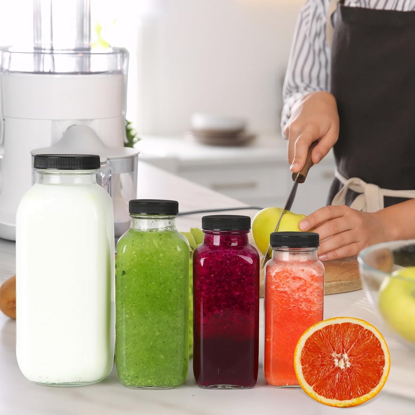 8 oz Glass Juice Bottles with Lids 6 Pack,Reusable Glass Drink Bottles,250ml Water Drinking Jars for Milk,Juicing,Kombucha,Ginger,Beverage Glassware,Juice Drinking Jars