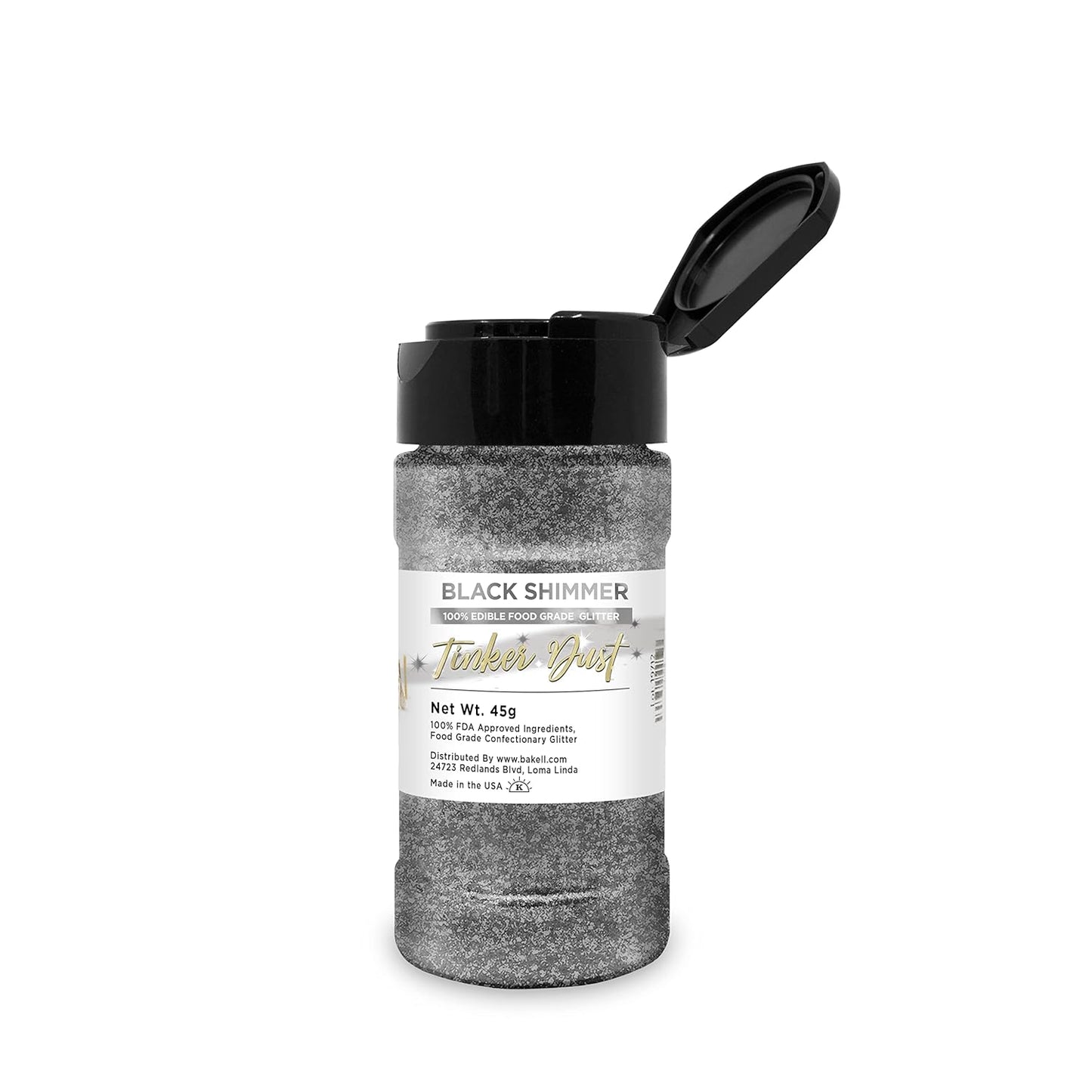 BAKELL Black Shimmer Edible Glitter, 45 Grams | TINKER DUST Edible Glitter | KOSHER Certified | 100% Edible Glitter | Cakes, Cupcakes, Cake Pops, Drinks, Dessert Vegan Glitter & Dusts (45g Shaker, Black Shimmer)