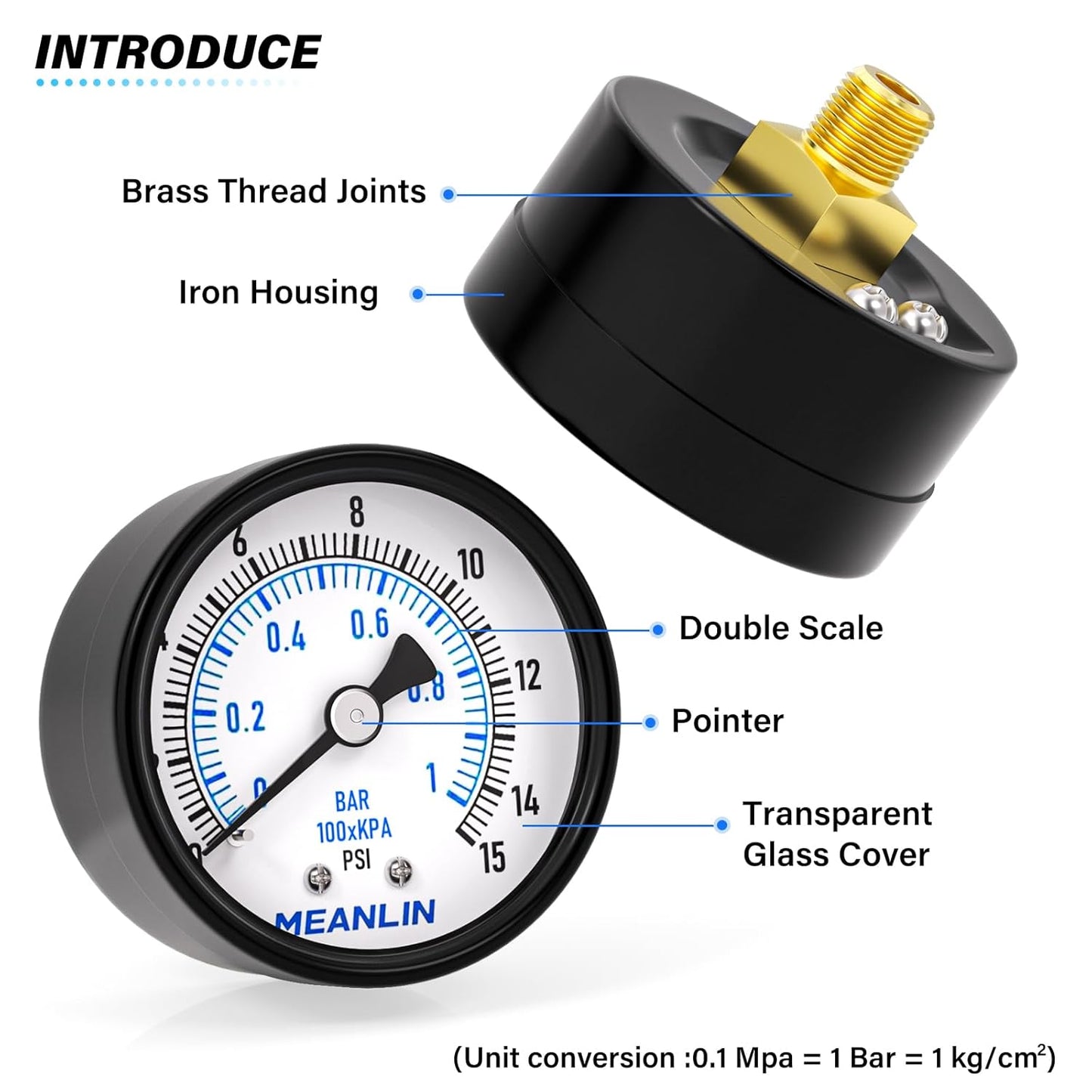 MEANLIN MEASURE 0-15Psi 2" DIAL FACE 1/8" NPT Well Pump Pressure Gauge, with 1/4" NPT and 3/8" NPT Hex Bushing, 3-2-3% Accuracy, Center Back Mount