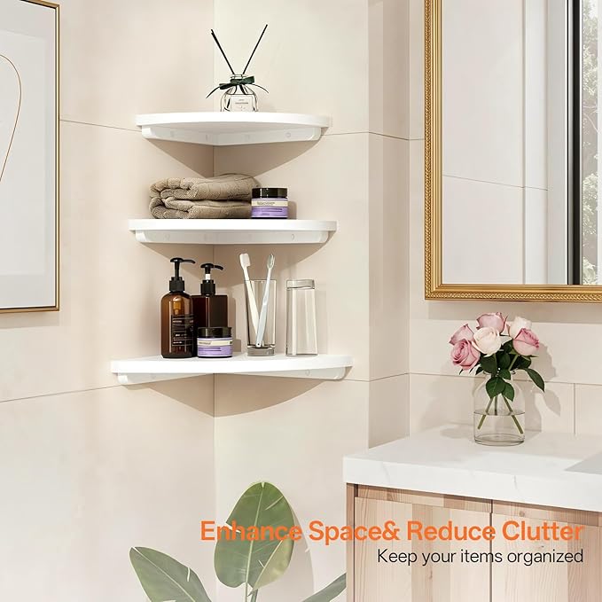 Gieanoo Floating Corner Shelves Set 2 9inch White Solid Oak Rounded Corner - Image 6