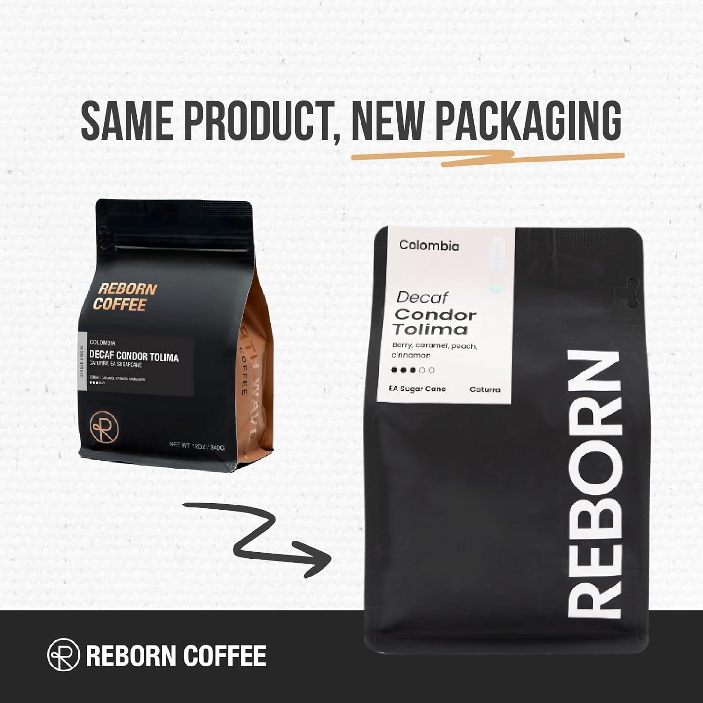 Reborn Coffee Specialty Whole Bean Decaf Coffee, Medium Roast, 12 Ounce, Colombia Condor Tolima, Flavor Notes of Berry, Caramel, Peach, and Cinnamon