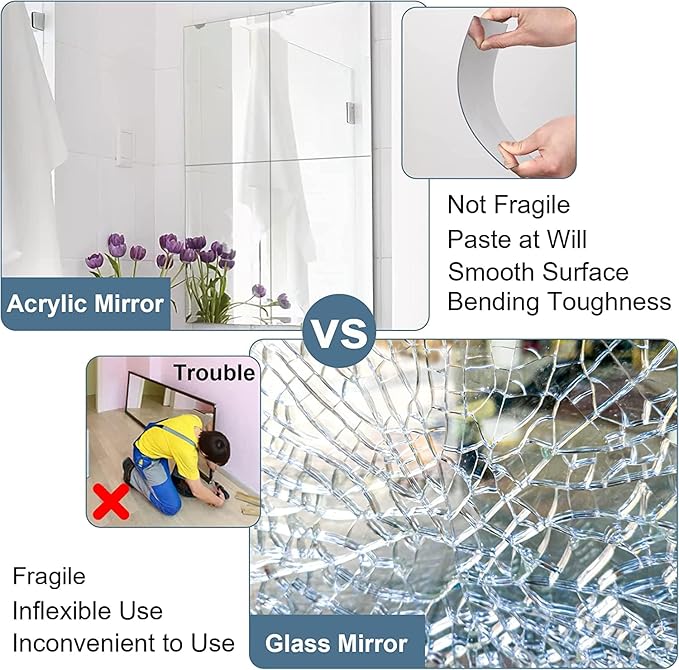JUNEBRUSHS 8 Pack Self Adhesive Acrylic Mirror, Flexible Plastic Sheets Wall - Image 4